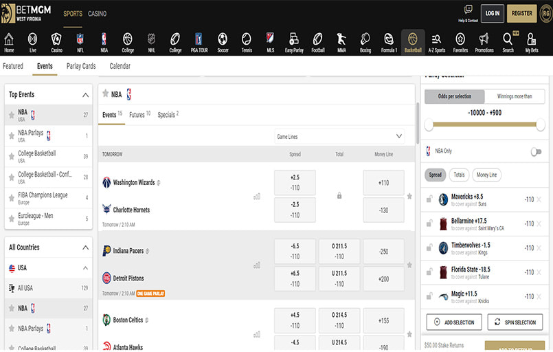 The BetMGM interface for NBA betting.